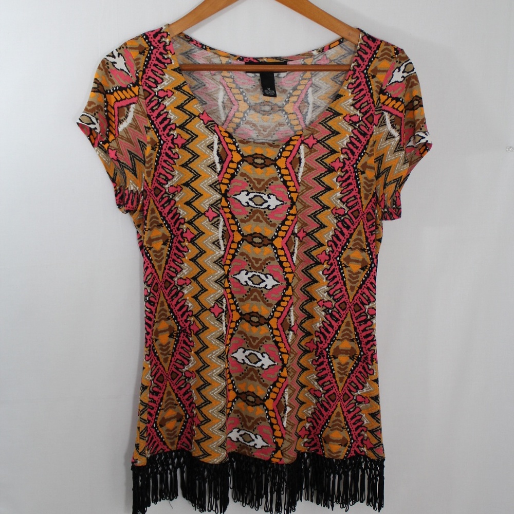 💥I.N.C. Pink & Orange Fringe Aztec Print Top